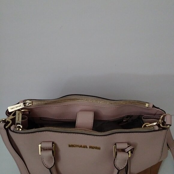 Michael Kors Satchel Bag Purse Double Handle Logo Charm Pink/Tan - Picture 5 of 16